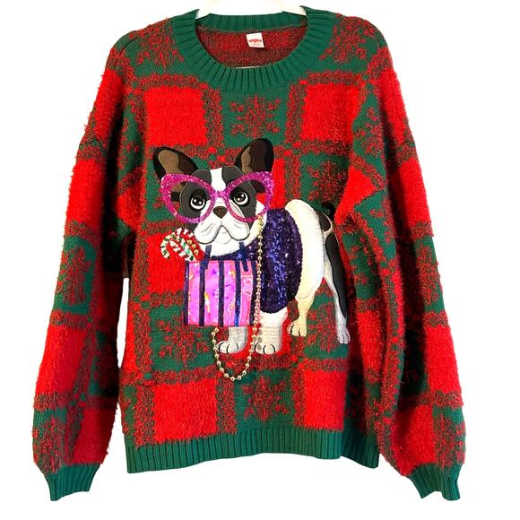 Holiday Time Christmas Sweater Fashion Bulldog Sequins Beads SZ L 12-14 - Picture 2 of 9